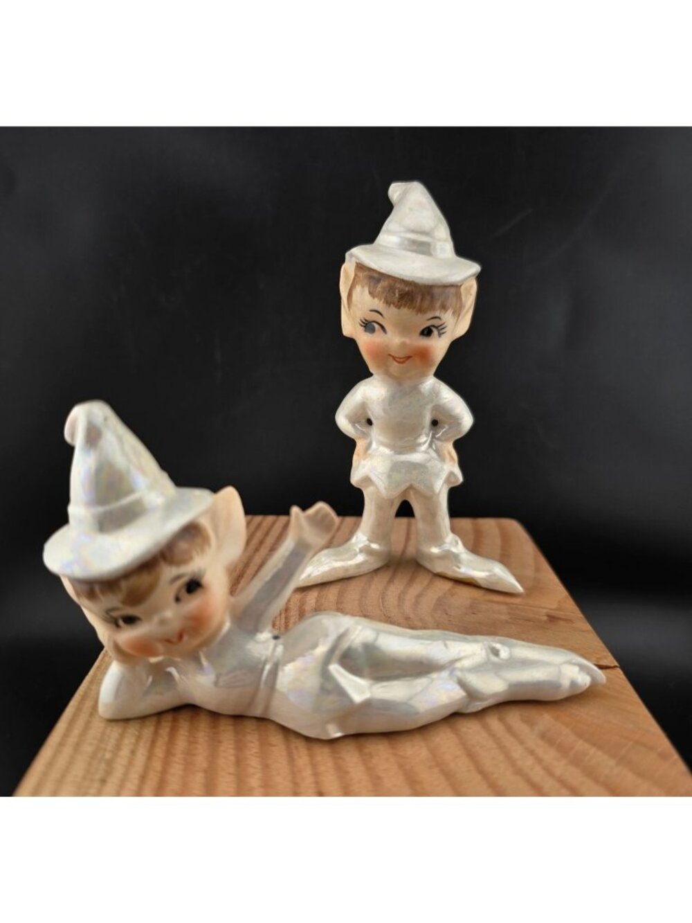 Lefton Vintage Ceramic Iridescent Pixie Elf Figurines Set Of 2 Japan